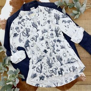 Blue White Western Print Knit Blouse, Excellent Condition